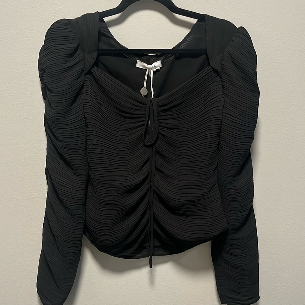 FRAME (NWT) Gathered Keyhole Tie Neck Top, Plissé-Crepe, Size L - Picture 5 of 16